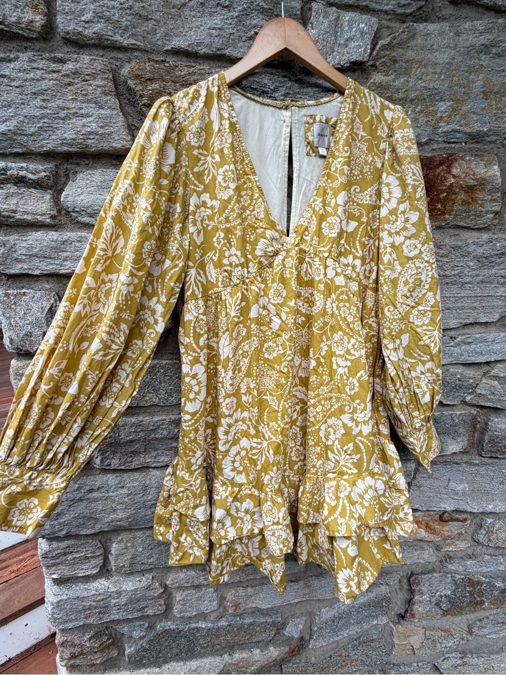 Maeve Anthropologie Mustard Floral V-Neck Long-Sleeve Women's Dress